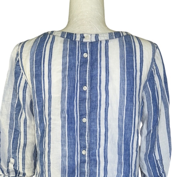 Boden Blue & White Striped Print Linen Button Back 3/4 Sleeve Top Blouse - 8 - Picture 6 of 8